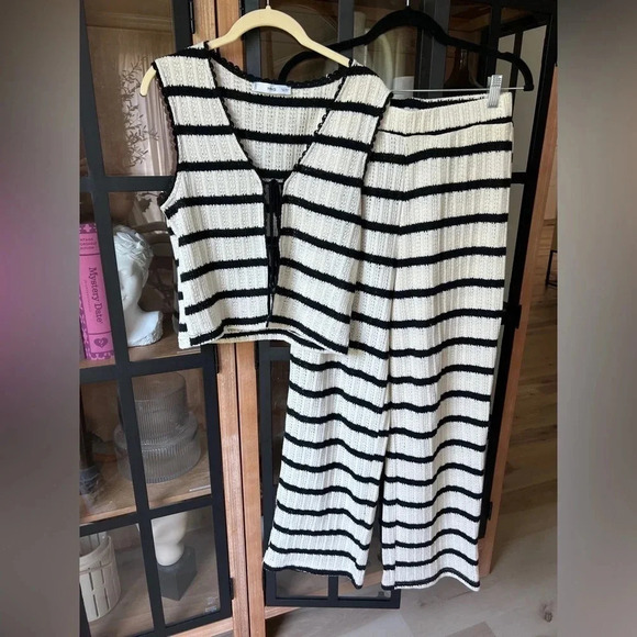 Mango knit set tie front top pants striped white black cream sleeveless long - Picture 2 of 8